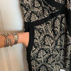 Black and White Pocket V Neck Silk Trim Dress